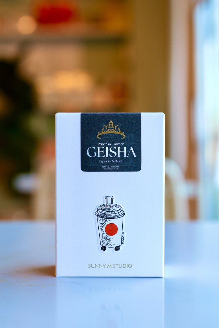 Best of Panama GN-04 Geisha Coffee packaging on a table in SUNNY M cafe setting