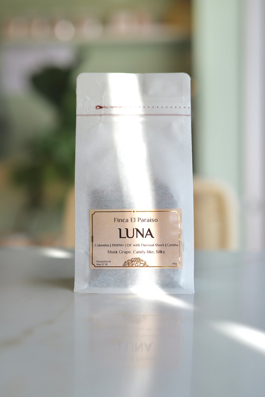Research Release 001 Luna — Colombia El Paraiso Geisha coffee bag, front